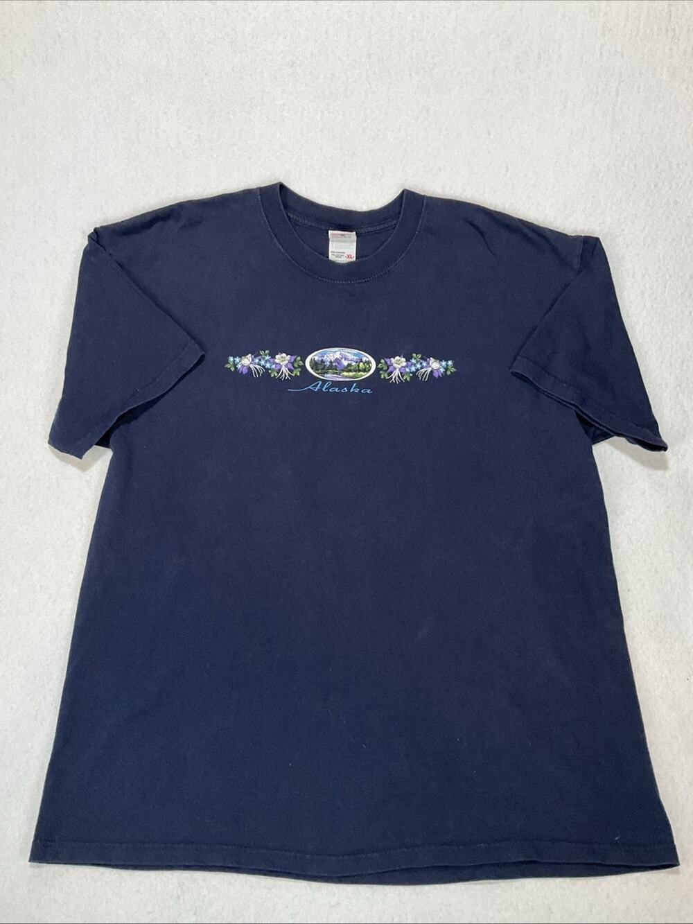Vintage Alaska Anvil TShirt XL Navy Blue Floral With Mountain Scene Graphic Tee
